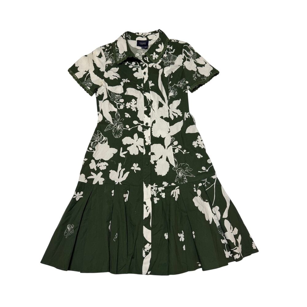 Marchesa Notte Shirt Dress Green & White Cotton Floral Button Fornt size 4